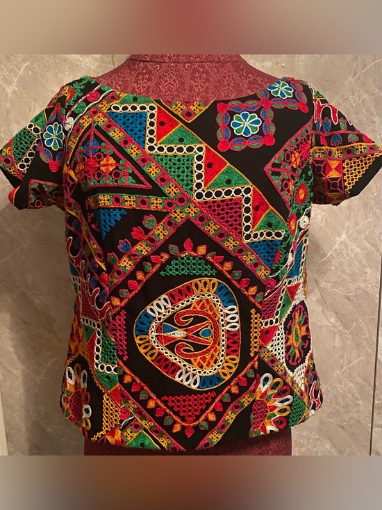 Tops - Embroidered Multicolor Women's Top - Vibrant Geometric Motif